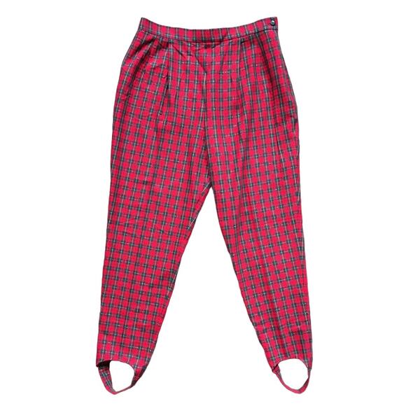 VTG DAVID BROOKS Ribcage Rise Holiday Plaid Stirrup Pants in Red  80s 90s  SZ 12 - Picture 1 of 10